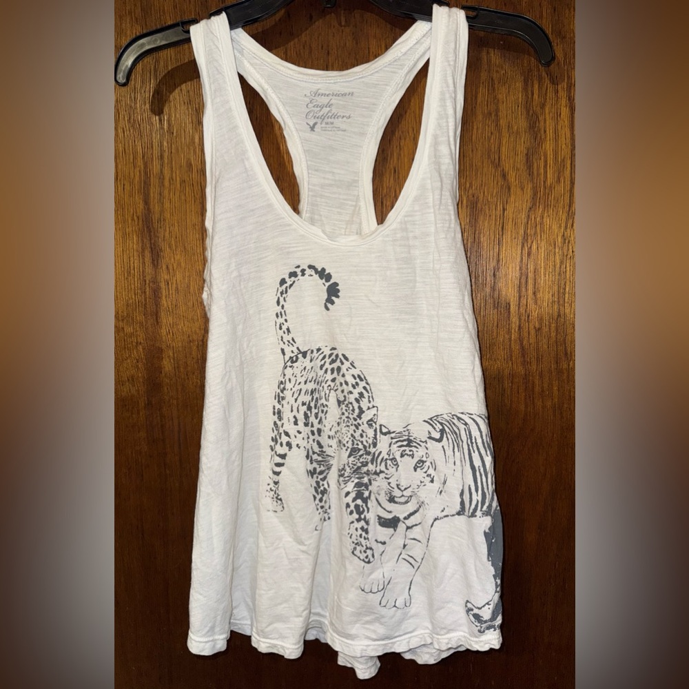 American Eagle Outfitters White Racerback Tank with Tiger & Leopard Print